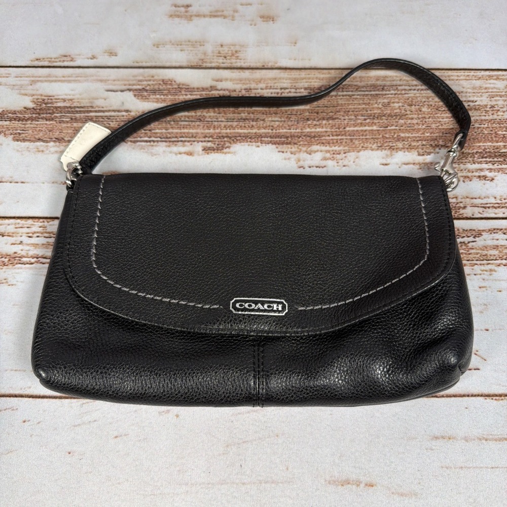 Coach Park Pebbled Black Leather Large Flap Wristlet Clutch Purse Green Satin
